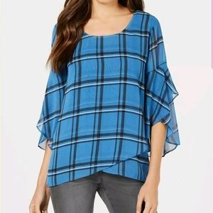 Style Co Plaid Crossover Top Cerulean Size Small